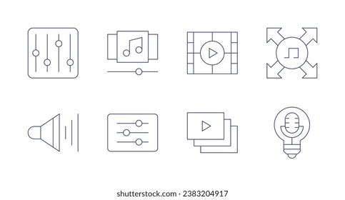 Multimedia icons. Editable stroke. Containing playlist, settings, volume, play, video, distribution, idea.