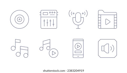 Multimedia icons. Editable stroke. Containing microphone, phone, equalizer, music, video file, volume, music and multimedia, musical note.