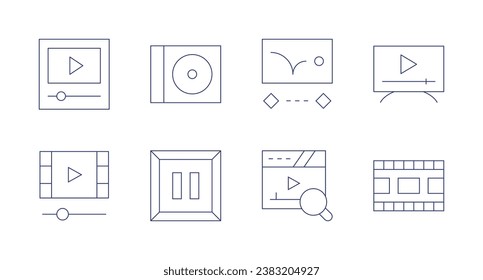 Multimedia icons. Editable stroke. Containing animation, search, cd, pause, tv monitor, video, video player.