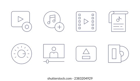 Multimedia icons. Editable stroke. Containing playlist, video, volume control, eject, music sheet, vinyl.