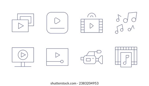 Multimedia icons. Editable stroke. Containing content, video player, play, music, music video, camera, video.