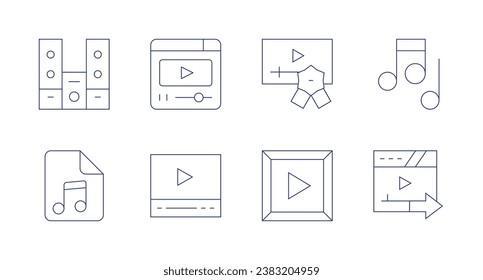 Multimedia icons. Editable stroke. Containing notes, send, video, play button, video player, sound system, music sheet.