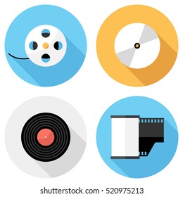 Multimedia icons . Flat design style modern vector illustration. Isolated on stylish color background. Flat long shadow icon. Elements in flat design.