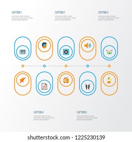 Multimedia icons flat style set with voice, bullhorn, play list and other male elements. Isolated vector illustration multimedia icons.