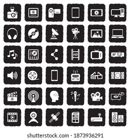 Multimedia Icons. Grunge Black Flat Design. Vector Illustration.