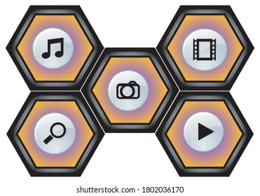Multimedia icons in hexagonal cells on white background