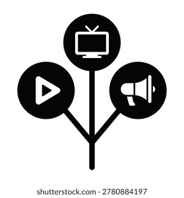 Multimedia icons including play video button tv and speaker symbols on black background