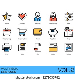 Multimedia icons including rating, favorite, male, female user, filter, shopping bag, cart, wallet, piggy bank, shop, print, save, file, folder, gallery.