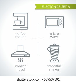 Multimedia icons, lectronic devices, vector contour geomtery set, hair dryer, vacuum cleaner, steam iron, sewing machine