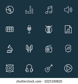 Multimedia icons line style set with headphones, equalizer, keys and other earphones elements. Isolated vector illustration multimedia icons.