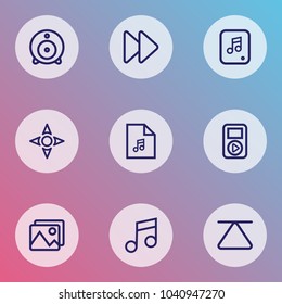 Multimedia icons line style set with music, web cam, picture and other musical note elements. Isolated vector illustration multimedia icons.