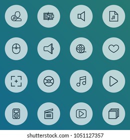 Multimedia icons line style set with categories, film reel, play and other play elements. Isolated vector illustration multimedia icons.