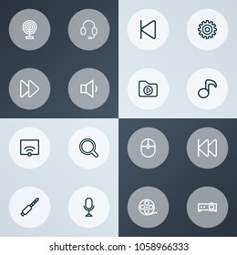 Multimedia icons line style set with musical note, computer mouse, projector and other cast elements. Isolated vector illustration multimedia icons.