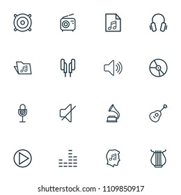 Multimedia icons line style set with microphone, radio, play and other wireless elements. Isolated vector illustration multimedia icons.