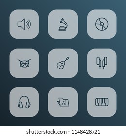 Multimedia icons line style set with vinyl, drum, volume and other audio level elements. Isolated vector illustration multimedia icons.