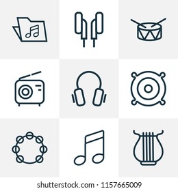 Multimedia icons line style set with speaker, notes, headphone and other template  elements. Isolated vector illustration multimedia icons.