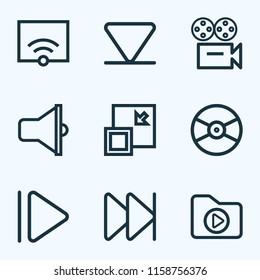 Multimedia icons line style set with next, minimize, vinyl and other decrease elements. Isolated vector illustration multimedia icons.