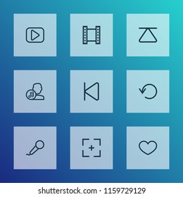 Multimedia icons line style set with begin, favorite, video and other play elements. Isolated vector illustration multimedia icons.