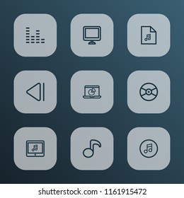 Multimedia icons line style set with quarter, monitor, display and other screen elements. Isolated vector illustration multimedia icons.