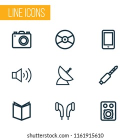 Multimedia icons line style set with textbook, photo apparatus, earmuff and other speaker elements. Isolated vector illustration multimedia icons.
