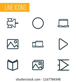 Multimedia icons line style set with gadget, record, satellite and other learning elements. Isolated vector illustration multimedia icons.