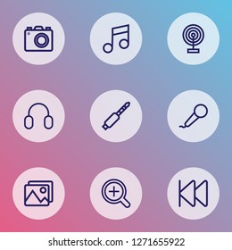 Multimedia icons line style set with karaoke, photo apparatus, broadcast and other audio elements. Isolated vector illustration multimedia icons.