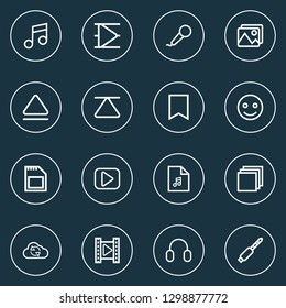 Multimedia icons line style set with categories, synchronize, sd card and other audio elements. Isolated vector illustration multimedia icons.