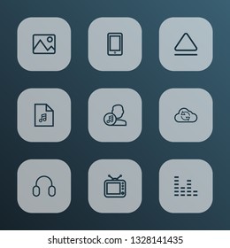 Multimedia icons line style set with artist, synchronize, image and other equalizer elements. Isolated vector illustration multimedia icons.