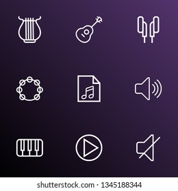 Multimedia icons line style set with play, mute, play list and other soundless elements. Isolated vector illustration multimedia icons.
