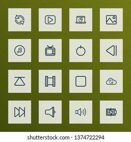 Multimedia icons line style set with loudspeaker, next, start and other cloud elements. Isolated vector illustration multimedia icons.