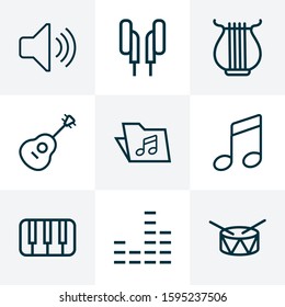 Multimedia icons line style set with notes, folder, mixer and other audio level elements. Isolated vector illustration multimedia icons.