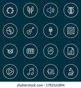 Multimedia icons line style set with lover, speaker, gramophone and other soundtrack elements. Isolated vector illustration multimedia icons.