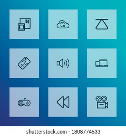 Multimedia icons line style set with gadget, camera, top and other cloud elements. Isolated vector illustration multimedia icons.