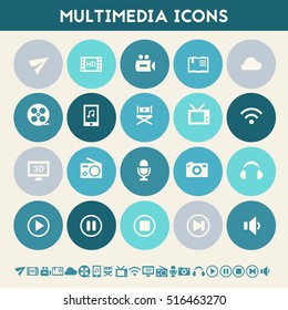 Multimedia icons. Multicolored flat buttons