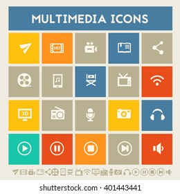 Multimedia icons. Multicolored square flat buttons