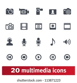Multimedia icons: photo, video, music vector set