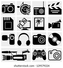 Multimedia icons: photo, video, music vector set