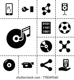 Multimedia icons. set of 13 editable filled multimedia icons such as disc, movie tape, share, camera, cd, mobile phone music, mp3 player on hand, loudspeaker