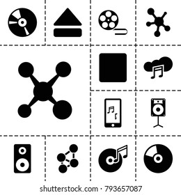 Multimedia icons. set of 13 editable filled multimedia icons such as share, cd, stop, eject button, mobile phone music, music cloud, loudspeaker, disc and music note