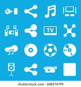Multimedia icons set. set of 16 multimedia filled icons such as TV, camera, CD, stop, music cloud, disc, loudspeaker, audio system, TV set, share, movie tape