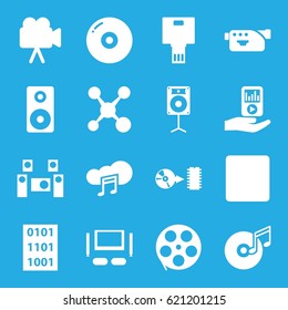 Multimedia icons set. set of 16 multimedia filled icons such as camera, stop, mp3 player on hand, music cloud, disc, loudspeaker, disc and music note, audio system, TV set