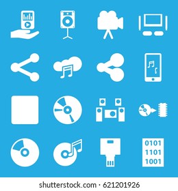Multimedia icons set. set of 16 multimedia filled icons such as camera, CD, stop, mobile phone music, mp3 player on hand, music cloud, disc, loudspeaker, disc and music note