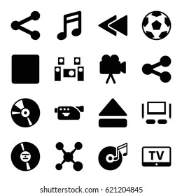 Multimedia icons set. set of 16 multimedia filled icons such as TV, camera, CD, stop, eject button, play back, disc and music note, audio system, TV set, share, movie tape