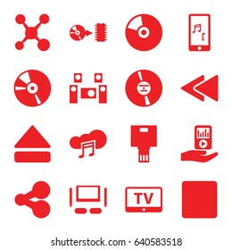 Multimedia icons set. set of 16 multimedia filled icons such as tv, cd, stop, eject button, play back, mobile phone music, mp3 player on hand, music cloud, disc, audio system