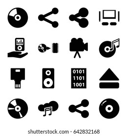 Multimedia icons set. set of 16 multimedia filled icons such as camera, cd, eject button, mp3 player on hand, music cloud, disc, loudspeaker, disc and music note, tv set