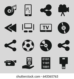Multimedia icons set. set of 16 multimedia filled icons such as tv, camera, cd, play back, mobile phone music, mp3 player on hand, disc and music note, tv set, binary code