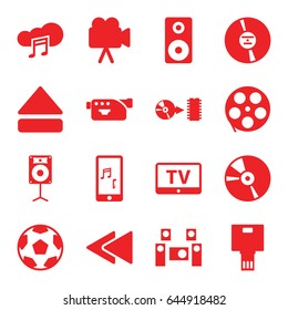 Multimedia icons set. set of 16 multimedia filled icons such as tv, camera, cd, eject button, play back, mobile phone music, music cloud, disc, loudspeaker, audio system