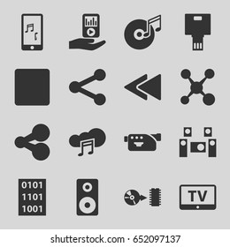 Multimedia icons set. set of 16 multimedia filled icons such as tv, camera, stop, play back, mobile phone music, mp3 player on hand, music cloud, disc, loudspeaker