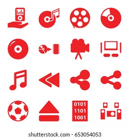 Multimedia icons set. set of 16 multimedia filled icons such as camera, eject button, play back, mp3 player on hand, disc, disc and music note, audio system, tv set, cd
