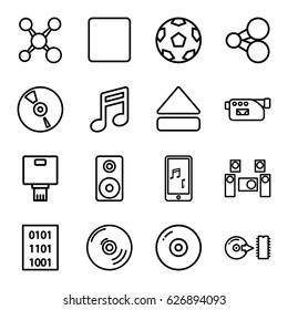 Multimedia icons set. set of 16 multimedia outline icons such as camera, CD, stop, eject button, mobile phone music, disc, loudspeaker, audio system, binary code, share, note